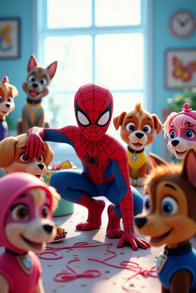 A party panel with Spider-Man, The Paw Patrol with Spiderman costumes, with white and blue background and dinosaurs in the background watching