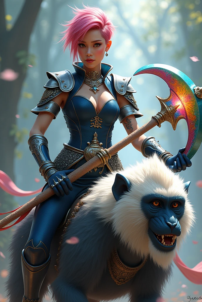 A Thai female warrior with a pink pixie cut hairstyle. She has a tattoo on her arm. She wears navy and silver armor. Her weapon is a rainbow-colored blade wheel. She rides a large white and dark gray monkey.