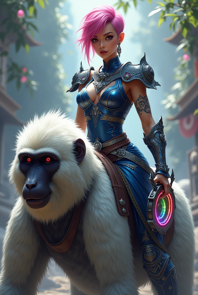 A Thai female warrior with a pink pixie cut hairstyle. She has a tattoo on her arm. She wears navy and silver armor. Her weapon is a rainbow-colored blade wheel. She rides a large white and dark gray monkey.