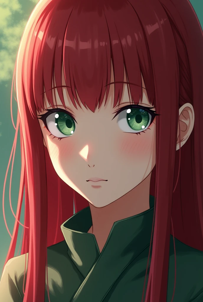 Naruto anime aesthetic, women, Konoha ninja, long hair down to the shoulders with straight red bangs, ropa ninja, looking to the camera, Full portrait, symmetry, White skin, green eyes with long eyelashes, smiling