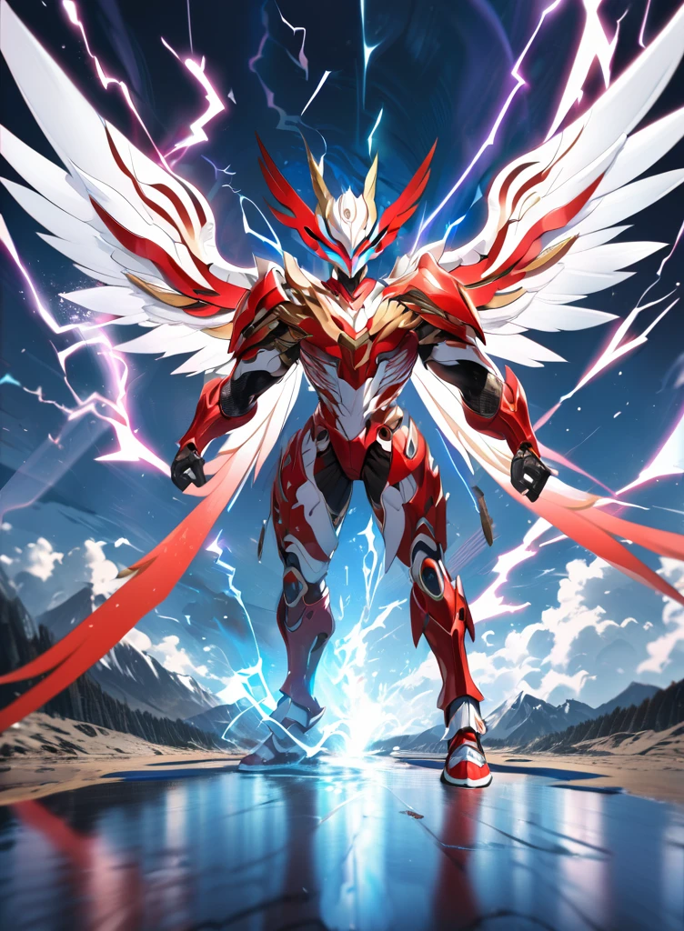 Full body view, far view, symetrical,absurdres, highres, ultra detailed, HDR, masterpiece, extremely detailed face and eyes,,,red and white Kamen rider ryuki, epic eagle garuda mask, cool wings, , solo, man, handsome, ,, , Epic fight scene, colorful splashing effect,colorful lightning effect,glowing glitters, explosive effect