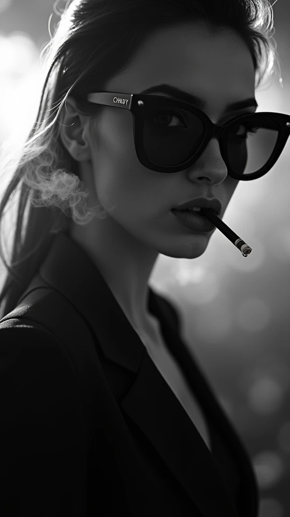 Striking portrayal of a stylish woman, eyes radiating intense clarity, piercing through the rise of cigarette smoke, shrouded in monochrome, depicting profound emotions, within a shallow depth of field, high-contrast lighting casting defined contours upon her face, fashion-forward attire, transfixed in unyielding deep attention, her hypnotic gaze fashionably framed by sunglasses in a subtly blurred backdrop,