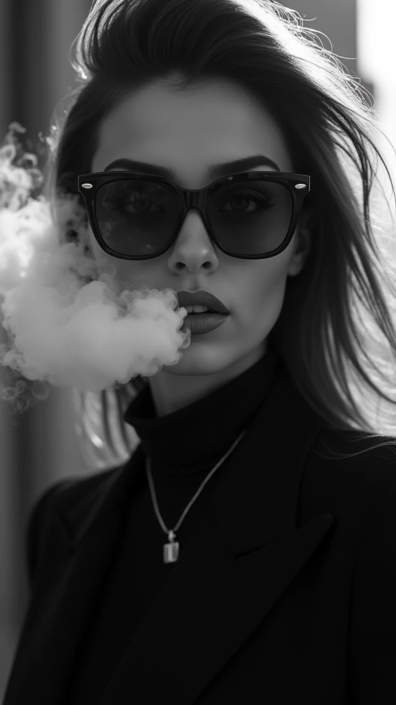 there is a woman smoking a cigarette in a dark room, smoking outside, photograph of a techwear woman, with dark ghost smokes around, wearing cyberpunk leather jacket, in front of smoke behind, smoking woman, thick dark smoke!, taking a smoke break, blowing out smoke, smoke all around, smokes, in front of dark smoke, haze over the shoulder shot