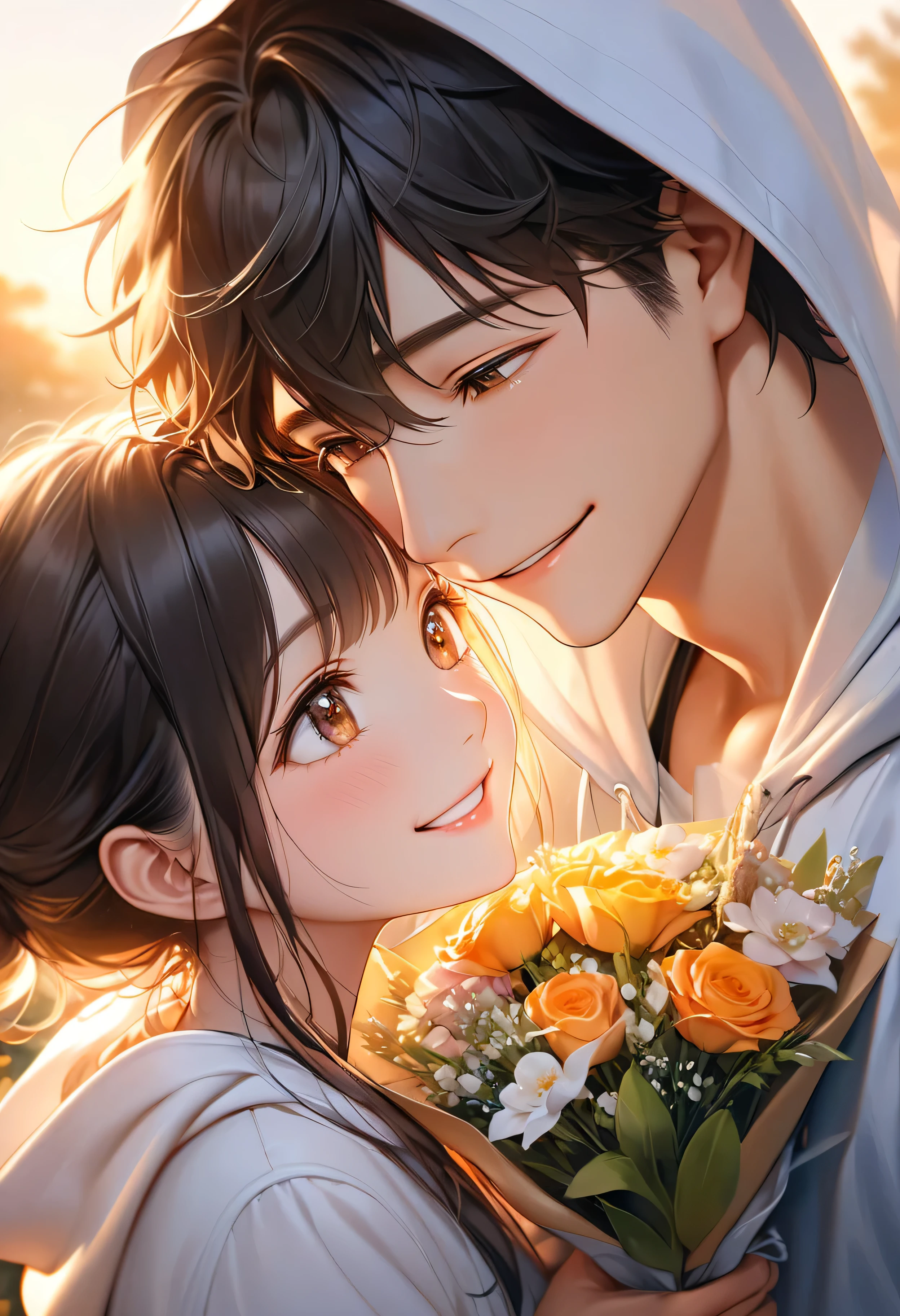 romantic korean couple, boy with bouquet of flowers hidden behind his back, girl with smile, looking at his face, soft focus background, twilight light casting a warm glow on their ecstatic faces, delicate smiles as they look into each other's eyes, delicate hooded clothes, high resolution portrait, golden hour, F 2.5 aperture, ultra realistic, digital painting