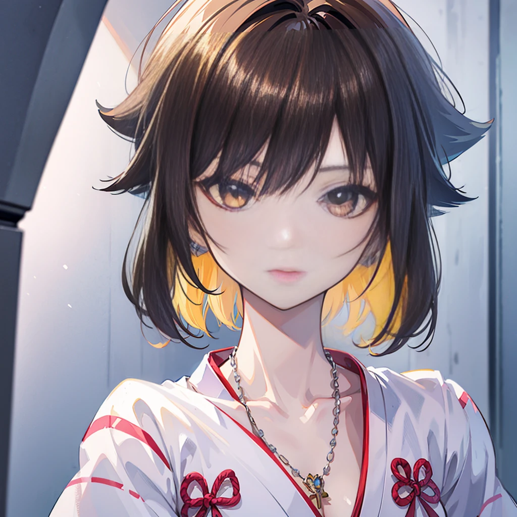 Final Fantasy (Yuna) Brown hair、Wearing a white kimono、Anime girl holding a necklace, Beautiful character painting, Soft Anime CG Art, realistic anime artstyle, Beautiful anime portrait, Beautiful anime woman, Realistic anime girl rendering, Makoto Shinkai and artgerm, Realistic 3D anime style, Anime realism style,  Anime style digital art, Beautiful anime girl