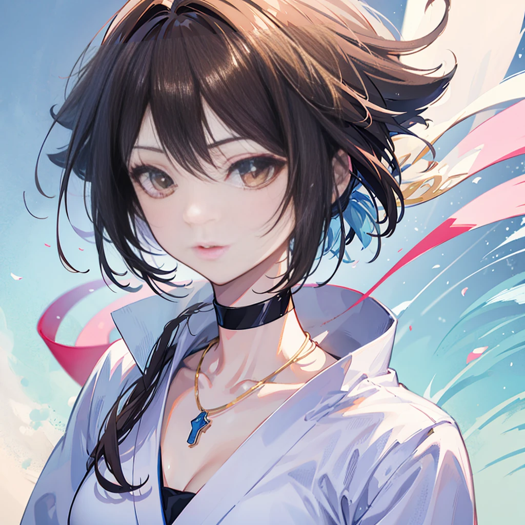 Final Fantasy (Yuna) Brown hair、Wearing a white kimono、Anime girl holding a necklace, Beautiful character painting, Soft Anime CG Art, realistic anime artstyle, Beautiful anime portrait, Beautiful anime woman, Realistic anime girl rendering, Makoto Shinkai and artgerm, Realistic 3D anime style, Anime realism style,  Anime style digital art, Beautiful anime girl