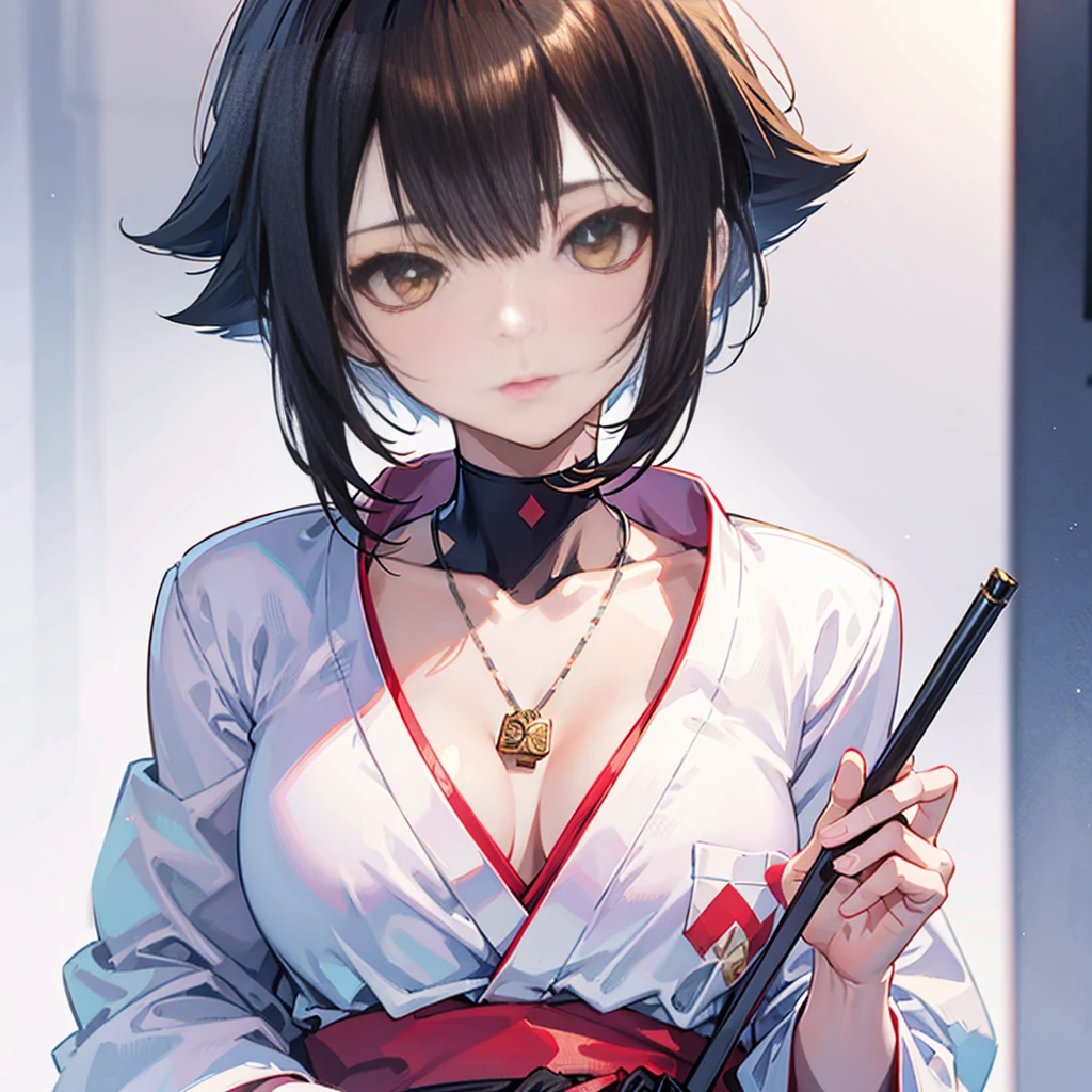 Final Fantasy (Yuna) Brown hair、Wearing a white kimono、Anime girl holding a necklace, Beautiful character painting, Soft Anime CG Art, realistic anime artstyle, Beautiful anime portrait, Beautiful anime woman, Realistic anime girl rendering, Makoto Shinkai and artgerm, Realistic 3D anime style, Anime realism style,  Anime style digital art, Beautiful anime girl