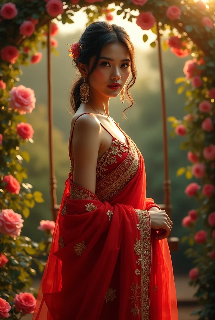 (1girl:1.3), Solo, (((Very detailed face))), ((Very detailed eyes and face))), Beautiful detailed eyes, Body parts__, Official art, Unified 8k wallpaper, Super detailed, beautiful and beautiful, masterpiece, best quality, original, masterpiece, super fine photo, best quality, super high resolution, realistic realism, golden-hour sunlight, full body portrait, amazing beauty, dynamic pose, delicate face, vibrant eyes, (from the front), She wears a flowing red sari with gold accents, adorned with flowers, romantic and seductive, detailed lush garden background, blooming roses, soft swing, very detailed, detailed complex busy background, lush, gorgeous, glowing, highly detailed skin, realistic skin details, visible pores, clear focus, volumetric light, 8k uhd, DSLR, high quality, film grain, warm skin tone, photo realism, romantic garden, sunset hues