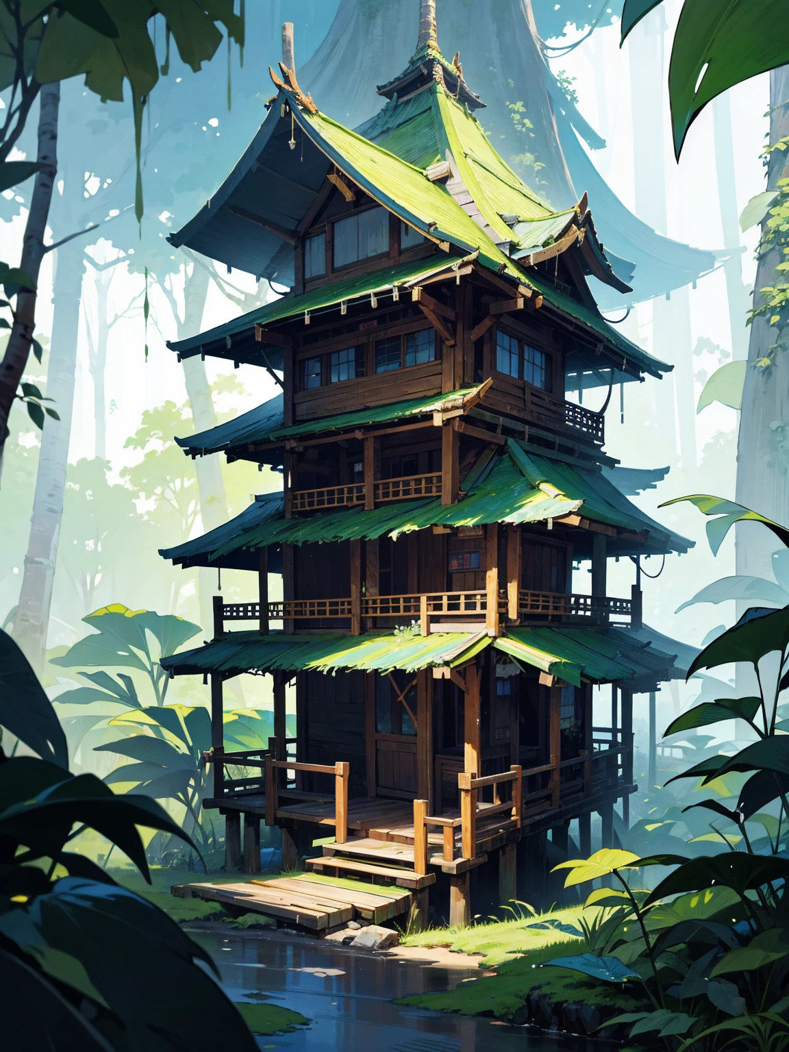 a rainforest with a town that has houses in the top with bridges, has wooden huts at the base of the trees, roofed forest