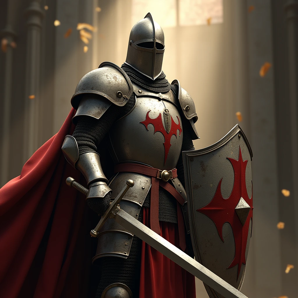 Templar knight in full armor with sword and shield, Very detailed, 8k, Global Illumination, God&#39;s Rays,Full Body Shot.
