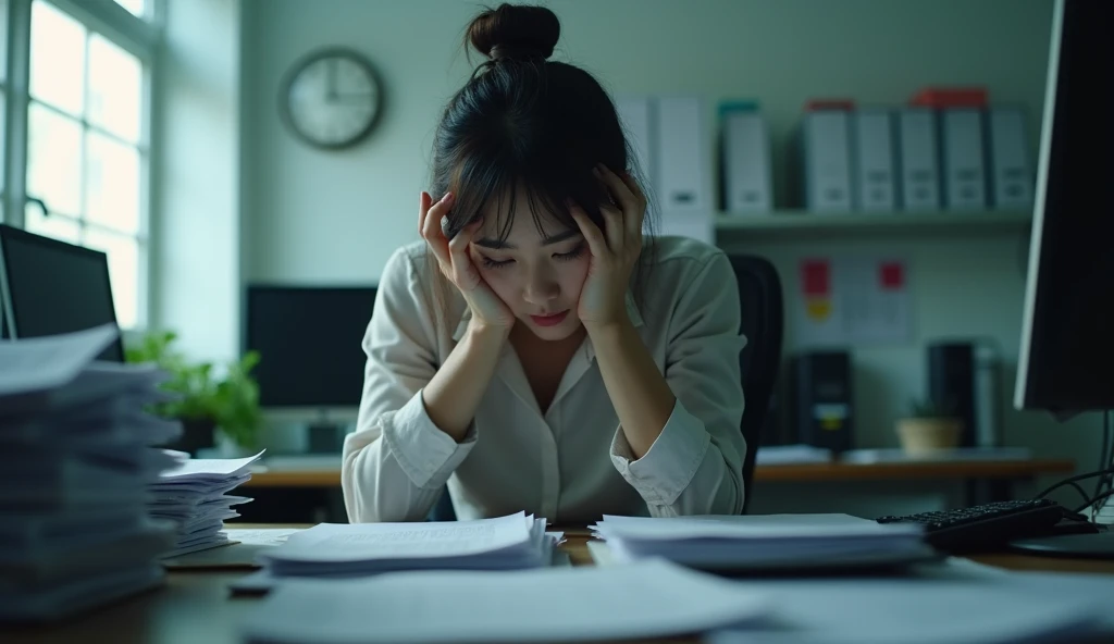 A sad Korean woman, close to collapse, in the workplacem, sitting at a desk with a computer and many documents on it, daylight, cool light, The image should show a sad person in an office, with a despondent facial expression.