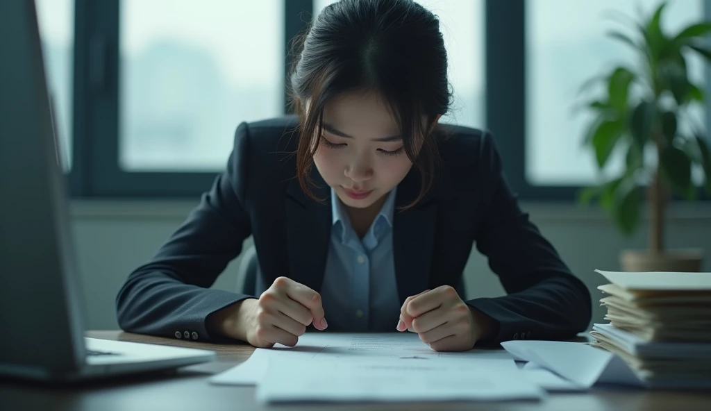 A sad Korean woman, close to collapse, in the workplacem, sitting at a desk with a computer and many documents on it, daylight, cool light, The image should show a sad person in an office, with a despondent facial expression.