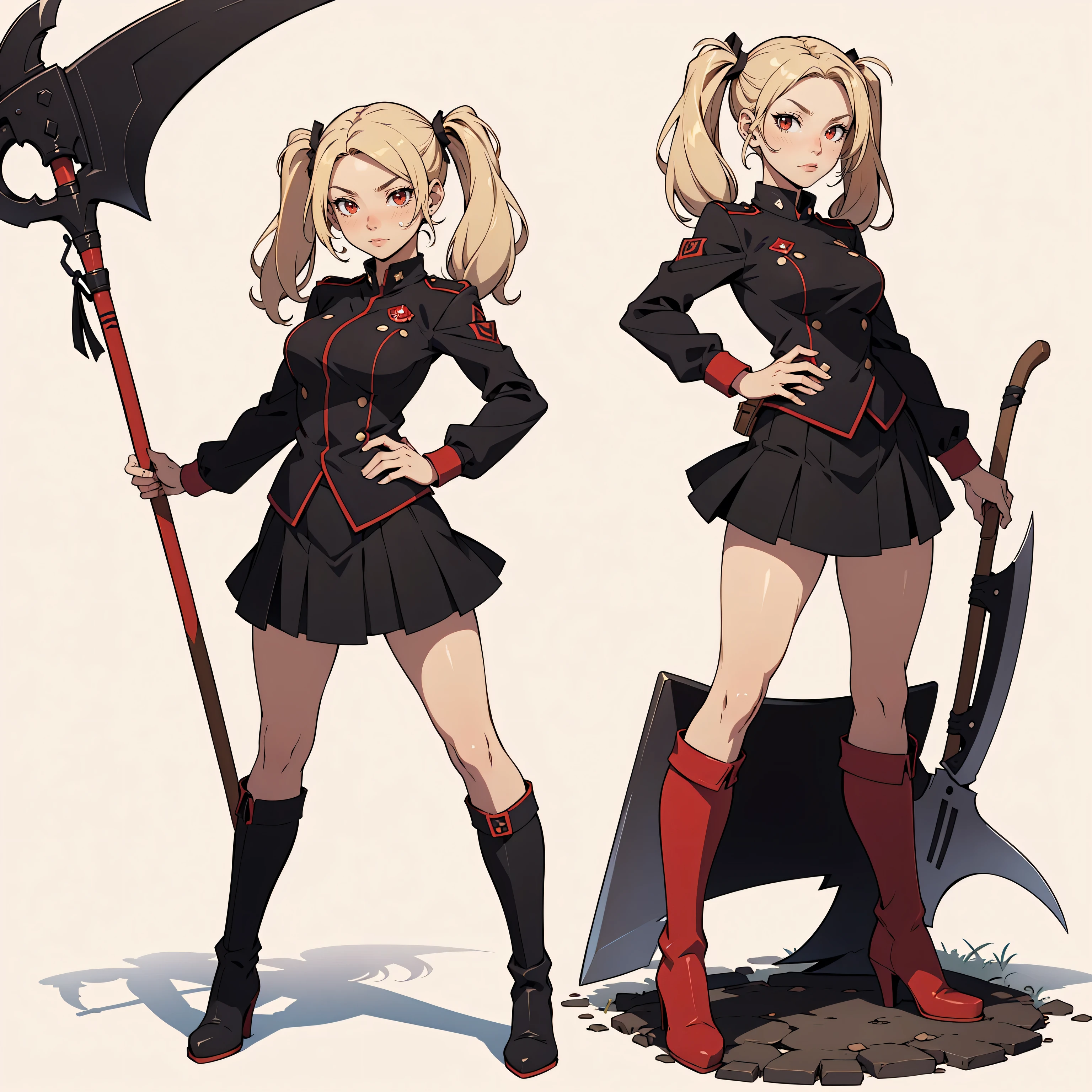 Very detailed, neutral facial expression,  figure, full body view, blonde hair with twintails, red eyes, looking at viewer, black and red uniform, skirt, black boots, holding scythe pose.