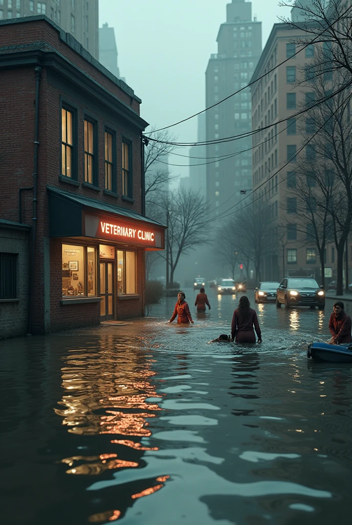 A veterinary clinic almost completely covered by floodwater in New York