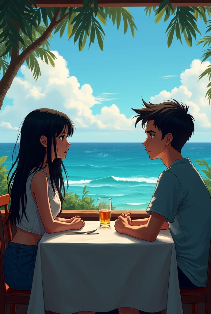 Overview of the table: An angle that captures the table in the context of the restaurant, with both characters sitting on opposite sides. The image could show Rolanda Hester with a posture that suggests her discomfort and Blake Sorrow with a thoughtful look. This view may also include details of the environment, like the sea in the background, to underscore the disconnect between the dialogue and the environment. Both are young, The girl is white with long black hair and the boy is young., without holding hands, both looking at each other suspiciously