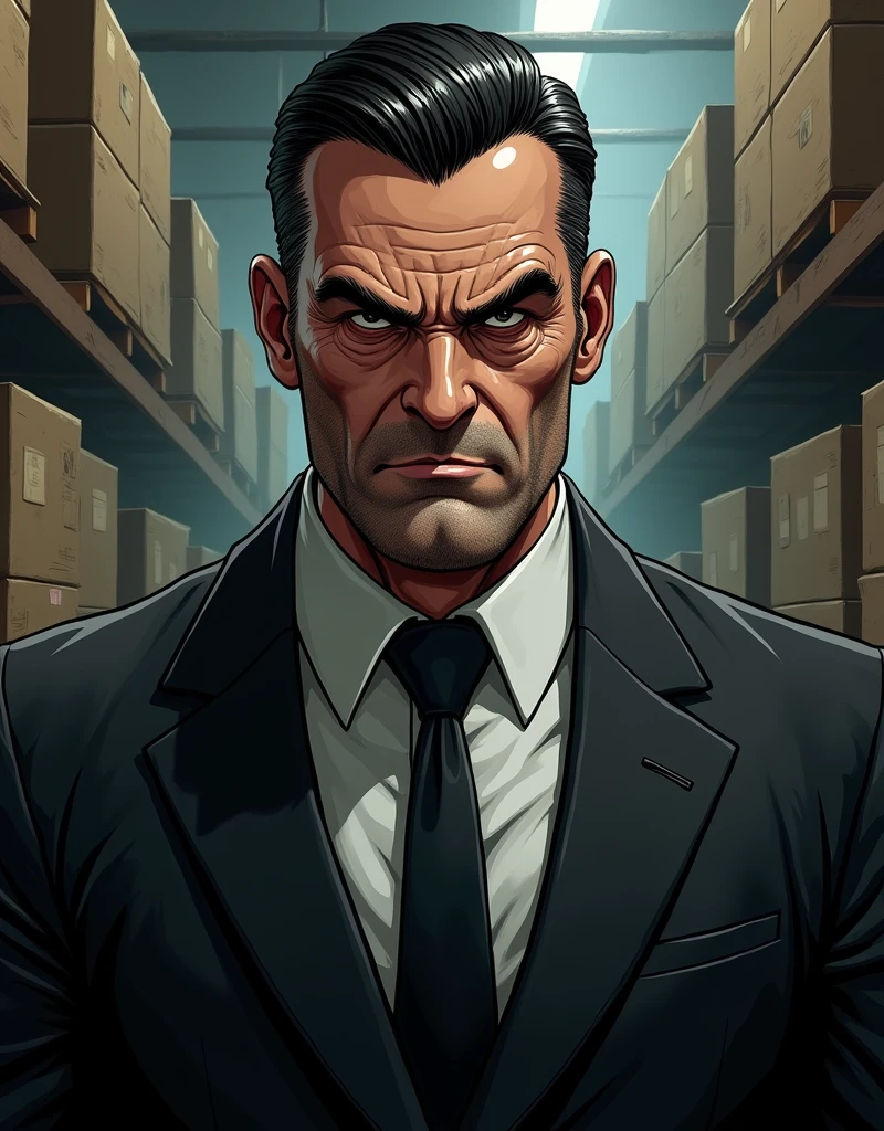 American comic book style, old caucasian man, 50s, short black slick back hair, triangular face, mean face, black eyes, piercing gaze, long nose, small mouth thin lips, clean shaven, endomorph body type in shape, tall, (wearing a normal traditional black suit with a normal black tie), draw entire body down to feet, in a warehouse, comic book drawing, Comics Americans, vignetting, vanishing point, wide shot, UHD, masterpiece, accurate, anatomically correct, textured skin, super detail, high details, high quality, award winning, best quality, highres