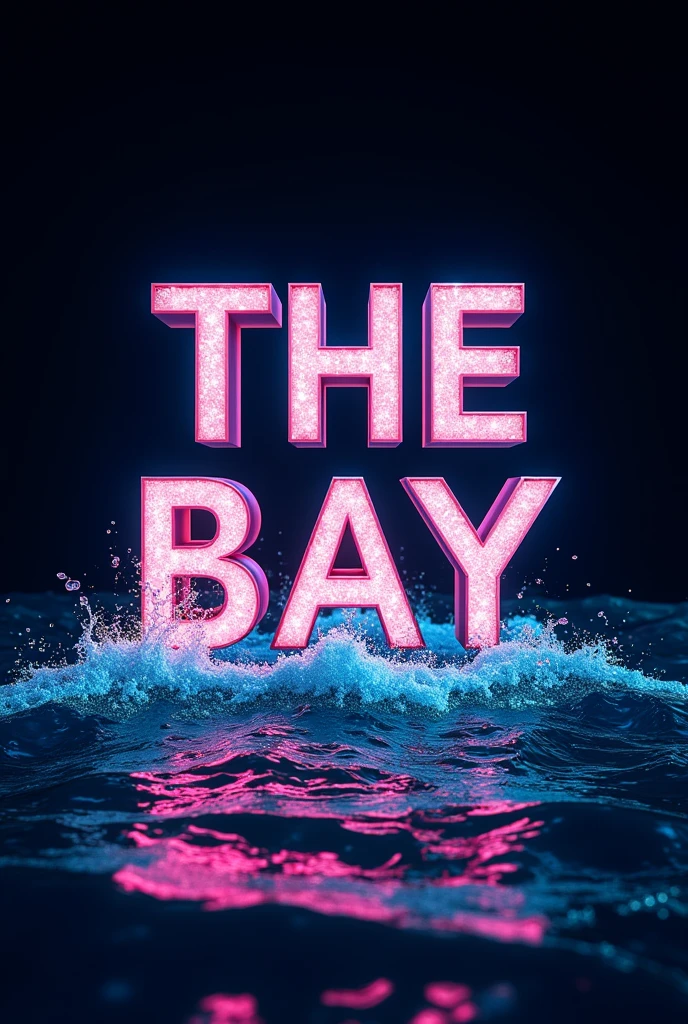 Create a text without a background and put it in the text "THE BAY" and disco or party style and in the background, Make it black and realistic, and also kind of in a water or sea style.