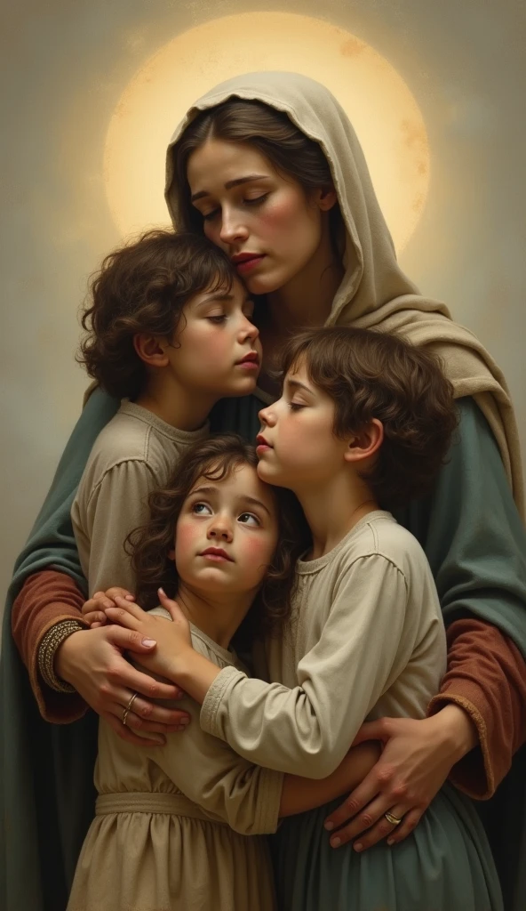 The beautiful Virgin Mary gently embracing the war orphans