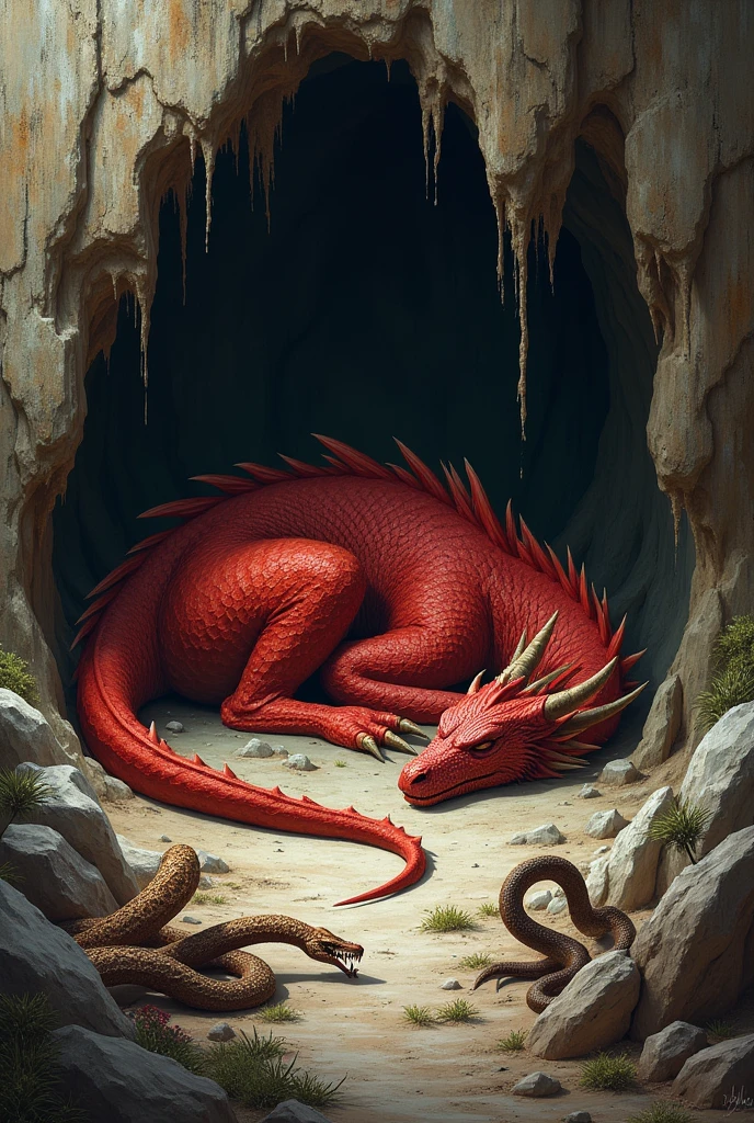 a red dragon is deep sleep in the cave, while bunch of snakes are fighting war each other outshide the cave, very realistic image