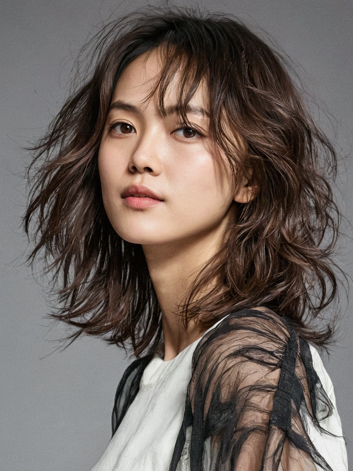 a close up of a woman with a white shirt and a brown hair, kiko mizuhara, wavy shoulder-length hair, messy shoulder-length dark hair, mid - length hair, shoulder - length hair, shoulder-length hair, japanese model, large messy hair style, with short hair, shag hair, tousled medium length hair, short - medium length hair