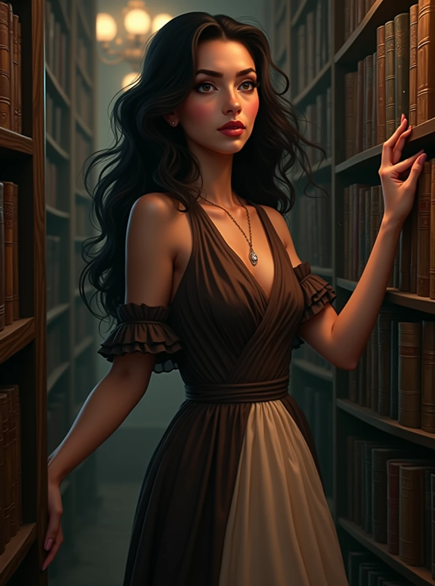 beautiful woman standing, choosing books in an old library