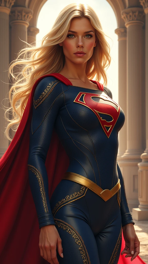 A beautiful woman with long blonde hair wearing the Kryptonian Kara Zor-El alias Supergirl costume. Blue and red leather jacket, red leather corset with the Superman emblem on her chest, red leather pants, red knee-high boots with gold trim, long gold bracelets.