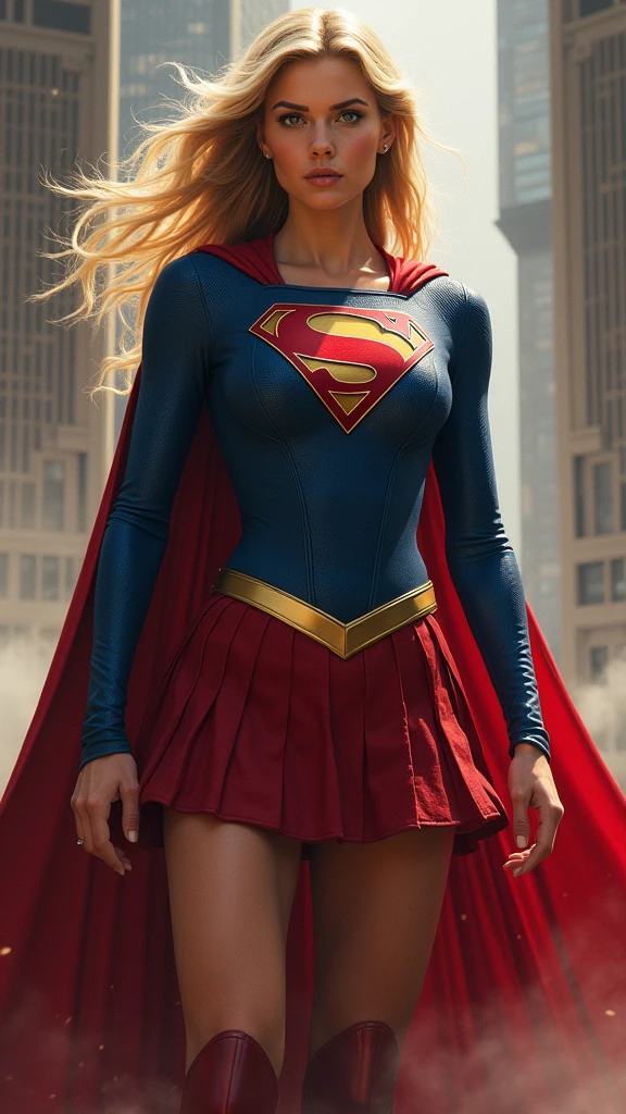 A beautiful woman with long blonde hair wearing the Kryptonian Kara Zor-El alias Supergirl costume. Blue and red leather jacket, red leather corset with the Superman emblem on her chest, red leather pants, red knee-high boots with gold trim, long gold bracelets.