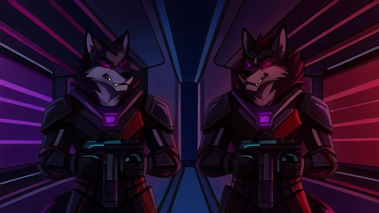 (masterpiece, best quality:1.2), Vortex two male hellhounds, two male bodyguards, wolves, furry, helluva boss, hypnotized with glowing purple eyes, angry serious face, wearing futuristic armor, using a Pulse Rifle, Energy Rifle, Futuristic assault rifle, guarding a big futuristic laboratory building background