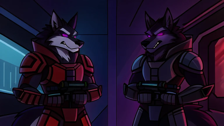 (masterpiece, best quality:1.2), Vortex two male hellhounds, two male bodyguards, wolves, furry, helluva boss, hypnotized with glowing purple eyes, angry serious face, wearing futuristic armor, using a Pulse Rifle, Energy Rifle, Futuristic assault rifle, guarding a big futuristic laboratory building background