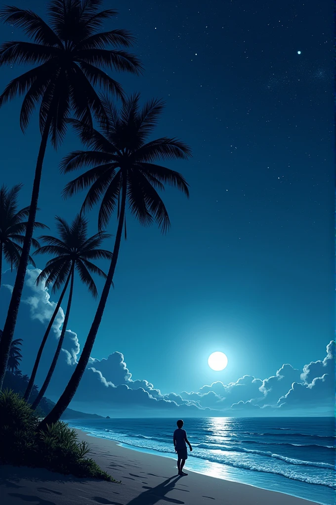 A night at the beach with tall palm trees