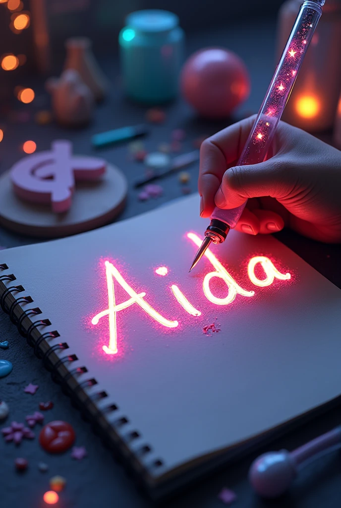 A mesmerizing, hyper-realistic 16K 3D illustration captures a magical moment of pure creativity. A talented artist is masterfully sketching a heartfelt message, "Aida ", in a notebook. The text is composed of vibrant, color sepia stars that smoothly transition through the entire spectrum. The artist's hand, holding a transparent pen filled with radiant stars, is detailed exquisitely, symbolizing boundless creativity and imagination. The background is a three-dimensional sketchbook setting with scattered throughout, adding depth and dimension to this captivating, graffiti-inspired scene. The illustration radiates energy, movement, and vibrant colors, making it a true work of art that celebrates creativity and imagination., gra, cinematic, vibrant, graffiti, painting, typography, product, illustration, photo, 3d render, fashion, dark fantasy