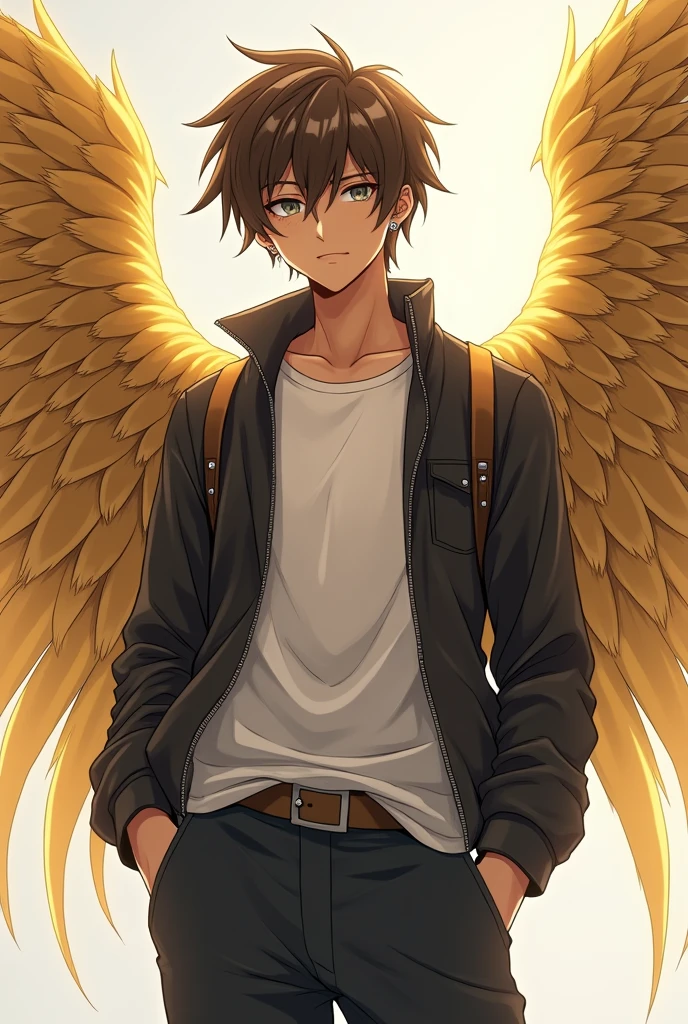 A age anime boy who's 6'2 and has a darkish tan with brown hair Covering some of his eyes and grey eyes wearing pants,a t-shirt and a jacket with two right ear piercing an a left ear piercing with big golden god wings