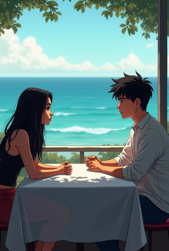 Overview of the table: An angle that captures the table in the context of the restaurant, with both characters sitting on opposite sides. The image could show Rolanda Hester with a posture that suggests her discomfort and Blake Sorrow with a thoughtful look. This view may also include details of the environment, like the sea in the background, to underscore the disconnect between the dialogue and the environment. Both are young, The girl is white with long black hair and the boy is young., without holding hands, both looking at each other suspiciously