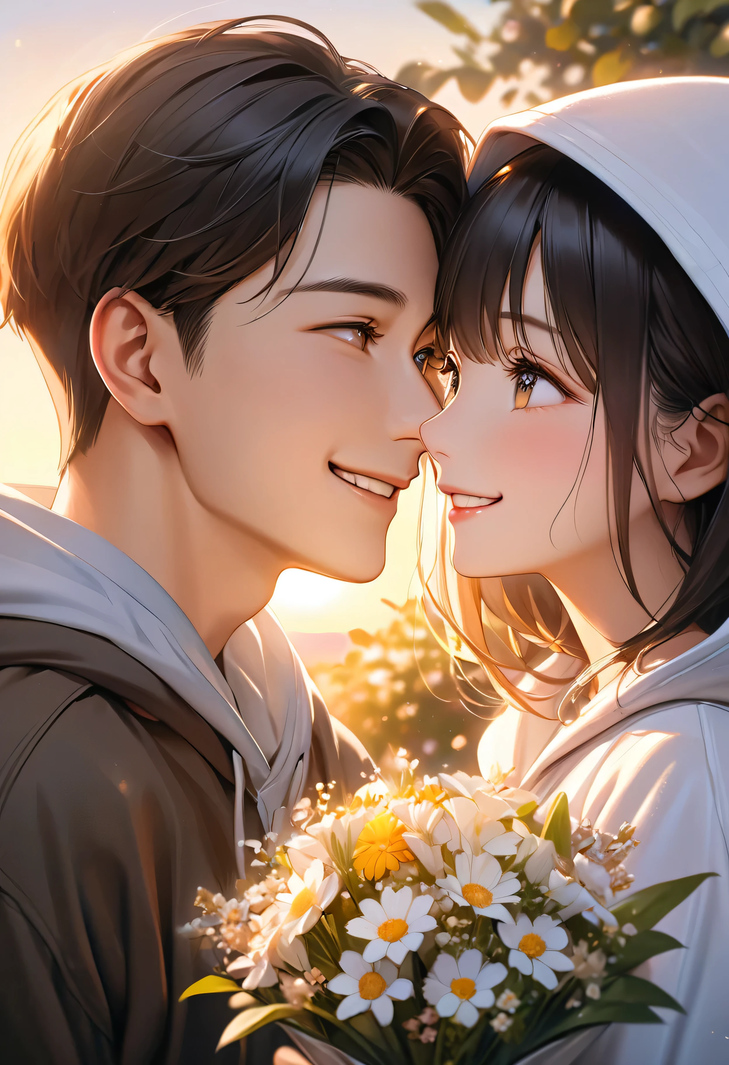 romantic korean couple, boy with bouquet of flowers hidden behind his back, girl with smile, looking at his face, soft focus background, twilight light casting a warm glow on their ecstatic faces, delicate smiles as they look into each other's eyes, delicate hooded clothes, high resolution portrait, golden hour, F 2.5 aperture, ultra realistic, digital painting
