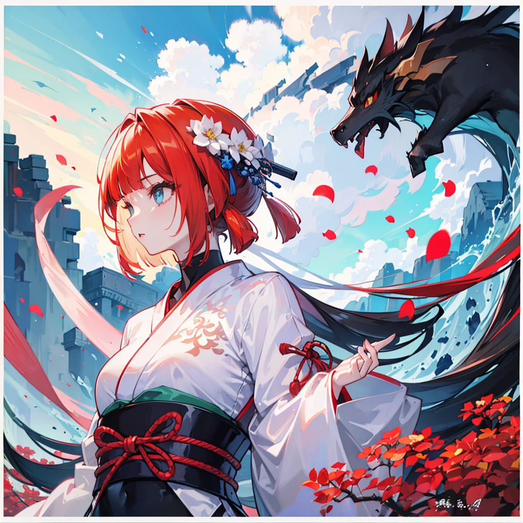 (Mythical Beast), Nine-tailed Fox, Dynamic body shape, (Chinese Monster), Handsome, splashed Ink, Chinese, 1 Girl, ((whole body), ((2.5D)), Flowing hair, beautiful eyes, Exquisite eyes, Delicate silhouette, Fantasy Art, (Black and red ancient brocade Hanfu), Field of view, (masterpiece), front Photo, Profile portrait, White background, (Movie Posters), sharp, splash, cloud, petal, Empty, Sky, (Wide-angle lens), Vista