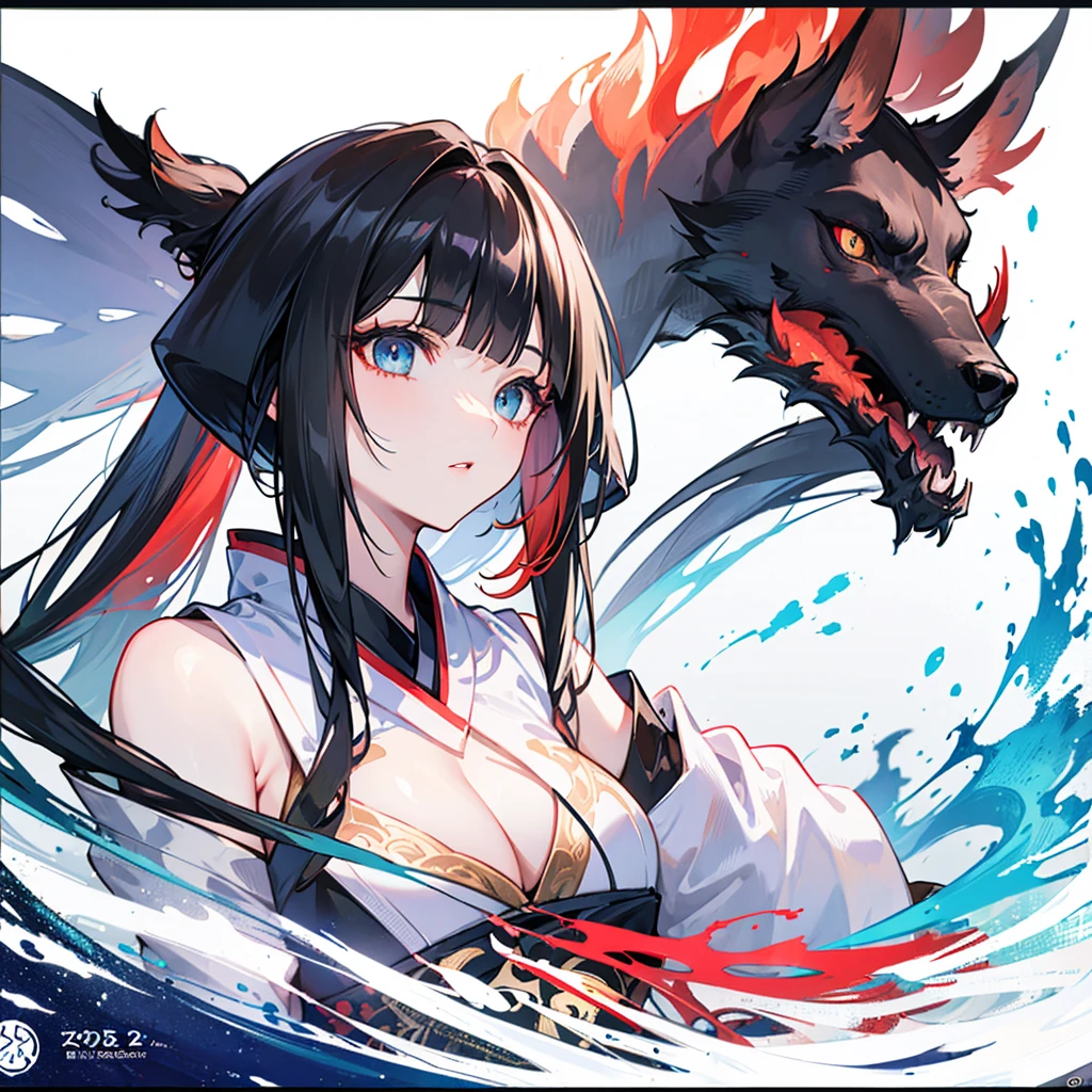 (Mythical Beast), Nine-tailed Fox, Dynamic body shape, (Chinese Monster), Handsome, splashed Ink, Chinese, 1 Girl, ((whole body), ((2.5D)), Flowing hair, beautiful eyes, Exquisite eyes, Delicate silhouette, Fantasy Art, (Black and red ancient brocade Hanfu), Field of view, (masterpiece), front Photo, Profile portrait, White background, (Movie Posters), sharp, splash, cloud, petal, Empty, Sky, (Wide-angle lens), Vista