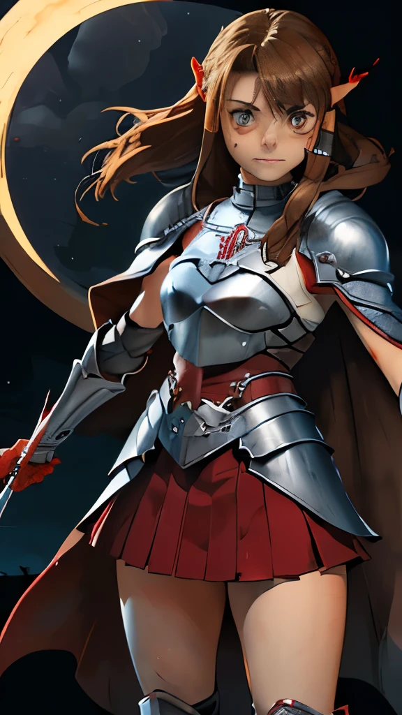8k,(Asuna(sao): 1.6),one Girl, Solo,(perfect anatomy:1.43), (medium Hair:1.55) ,(Half Up:1.45),Bangs, Brown Eyes,Fine Eyes,(sad smile:1.3),white thighhighs,(Brown Hair:1.6),blood-soaked boots,(18 years old:1.5),Full Body,(fusion of bloody white silver full plate armor and blood-soaked long cape:1.63),(Bare Shoulders:1.5),(mini Skirt:1.26),(holding blood-soaked one rapier:1.43),(standing on moonlit night blood pool battlefield:1.52),Fantasy,(blood effect:1.53),pov,eye-level view,(drop shadow:1.21)