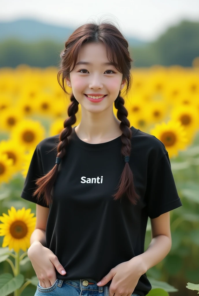 1 girl, beautiful skinned Korean, well-groomed face, flowers, , sunflowers, solo, outdoors, field, black short t-shirt, clothes with Santi logo, braids, holding clothes, twin braids, flower field, ,Levis trousers, realistic, brown hair, smiling, brown eyes, black hair, long, twintails, looking at the viewer, standing, yellow flowers
