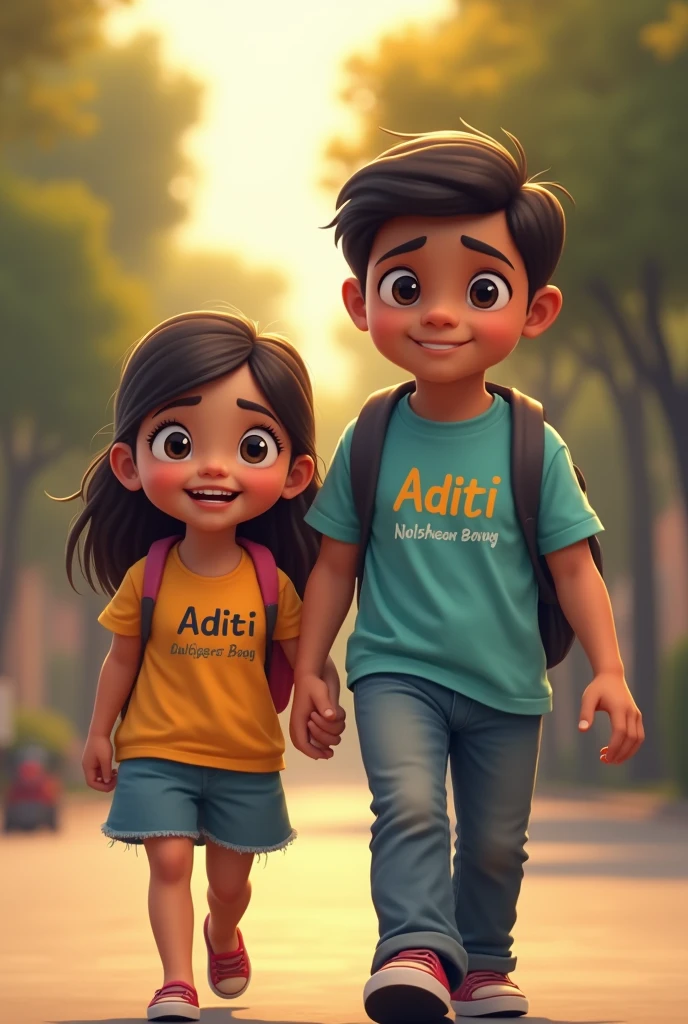 A girl who's age 9 years his name Aditi going to school with his father name vinod. And it's t-shirt have same colour and girl t-shirt write there name on t-shirt and father name also write on t-shirt
