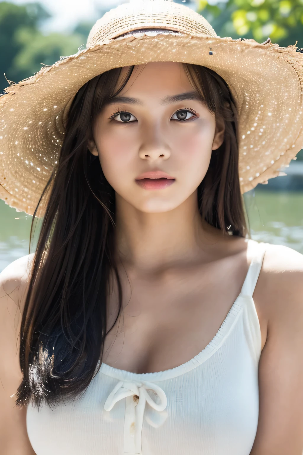 (masterpiece, Highest quality:1.2), 8k, Young and beautiful, 85mm,Official AR RAW Photos, Baby Face, Photo of a Japanese woman in white clothes (Lightweight tank top:1.4) , (Side bust), cute, Shyness, , (((Thin and sexy clothes:1.4))), I can see my belly button, Black Hair, short hair, Big straw hat, Brown tanned skin, one-piece tan, Looking at the audience, realism, Video Effects, Volume measurement Lighting, Volume measurement Light, Volume measurement, Midsummer, blue sky, cumulonimbus, Advanced Details, Detailed and complex, Intricate details, high Intricate details, More information, Confused, High resolution, Medium Shot, Single Shot, Shallow focus, lips, Mid-chest, 