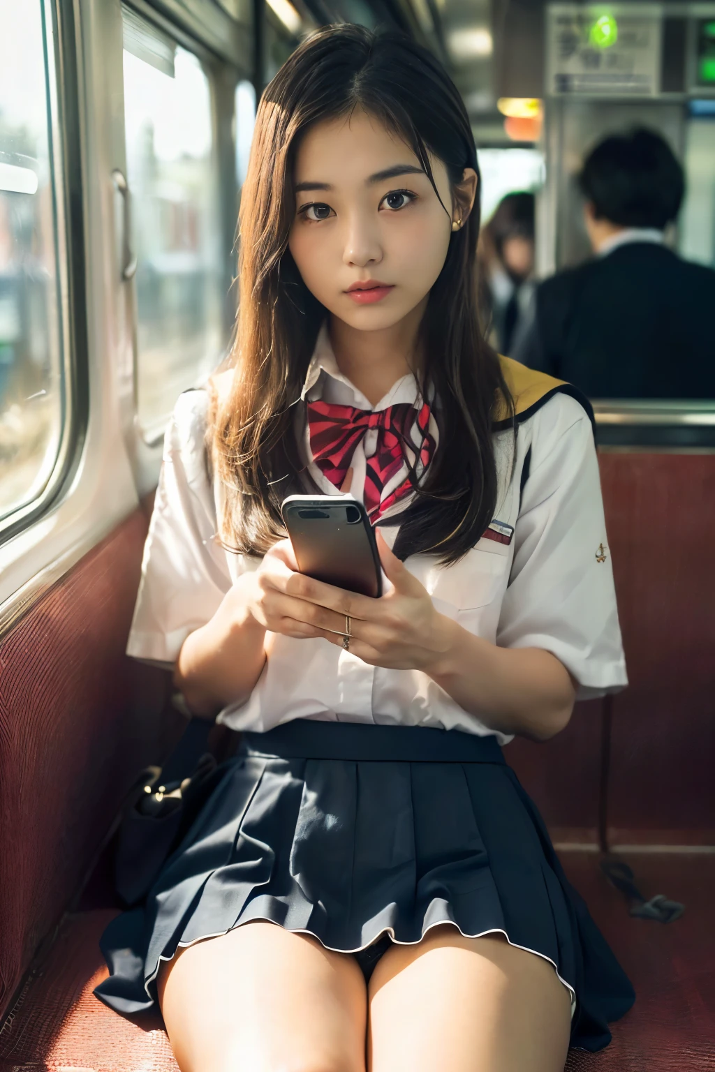 8k, RAW Portrait (Japanese women),masterpiece、Photorealistic:1.3、Realistic, Ultra-high resolution, Highest quality, Real Life Photos ,(((Showing panties:1.4)))、((Sitting on a train on the Yamanote Line, looking at a smartphone.))、
((((1 person:1.5)))), (((電車内でPull up your skirtパンティーを見せびらかす女子高生:1.4)))、(Cute Face:1.3),((Japanese girl))、((((Japanese High School Uniform:1.6))))、 Black Hair,(Written boundary depth:1.3)、 ((Dark brown eyes:1.2))、(Realistic skin texture:1.3)、(Immersive atmosphere:0.8、Chiaroscuro:1.2) 、(Viewer:1.3)、((Expressionless:1.3))、((Red cheeks:1.1))、((She's wearing very small pink panties))、((Pull up your skirt))、(Highlight the panties)、((Spread your legs out to the side:1.4))、(((Wearing a pleated skirt:1.4)))、Skirt Lift、Pull up your skirt、Checkered Skirt