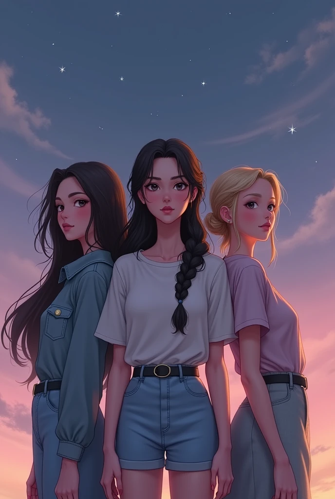Three real realistic girls standing together looking, first one has long hair, second one has braids, third one has short hair, the background is pastel purple/dark blue with stars