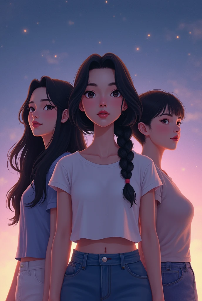 Three real realistic girls standing together looking, first one has long hair, second one has braids, third one has short hair, the background is pastel purple/dark blue with stars
