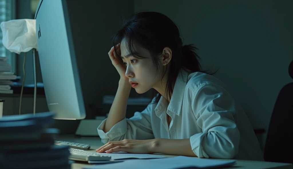 A sad Korean woman, close to collapse, in the workplacem, sitting at a desk with a computer and many documents on it, daylight, cool light, The image should show a sad person in an office, with a despondent facial expression.