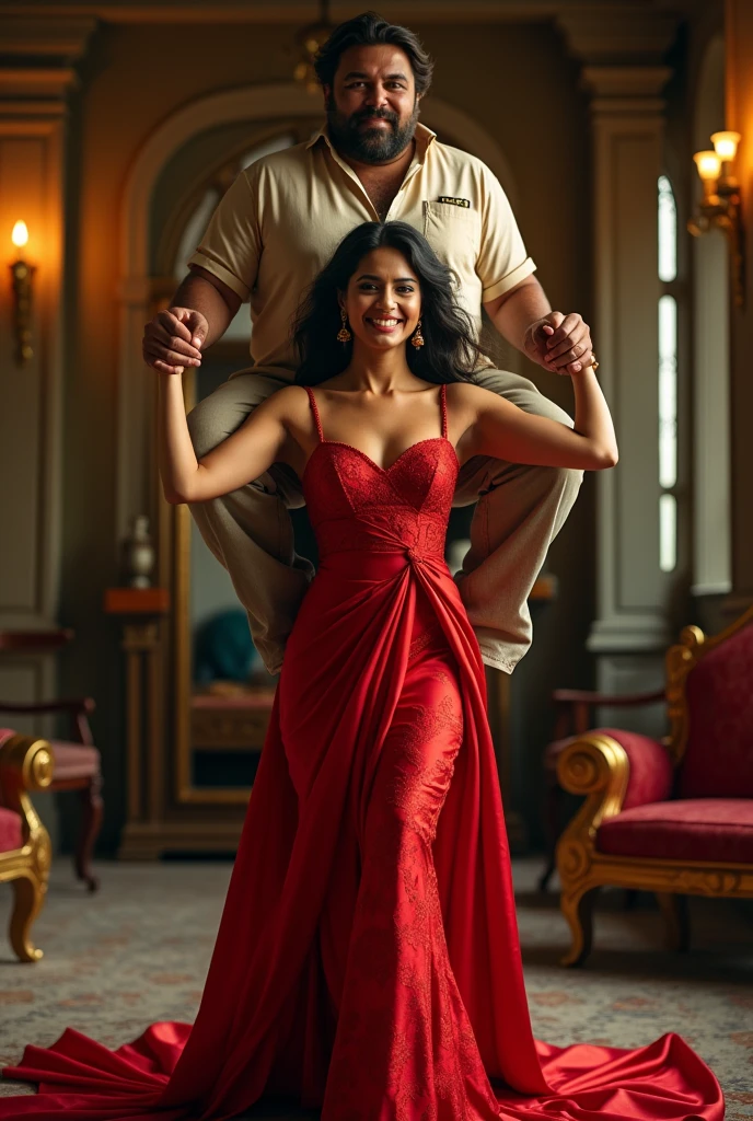 Create a realistic photograph of a smiling and beautiful indian actress in red satin carrying a large stout man on her shoulders in a room, man is sitting on top of her shoulders , man on top, woman at bottom 