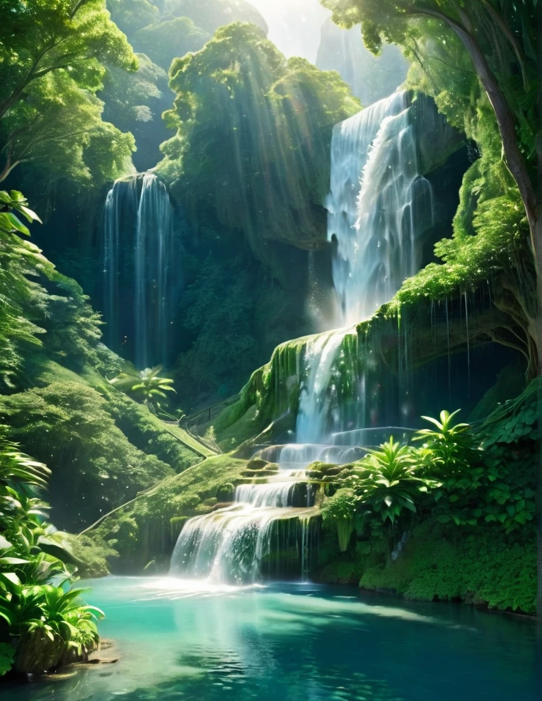 A stunning illustration of a towering waterfall cascading into a crystal-clear lagoon surrounded by lush foliage. An imaginative scene where multiple waterfalls converge in a mystical, hidden valley. Hill The waterfall falls as old unique staircase. Plunge. Crystal. Cosmological. Moon with sun. Little dark. Shining. Realistic. Splashing.