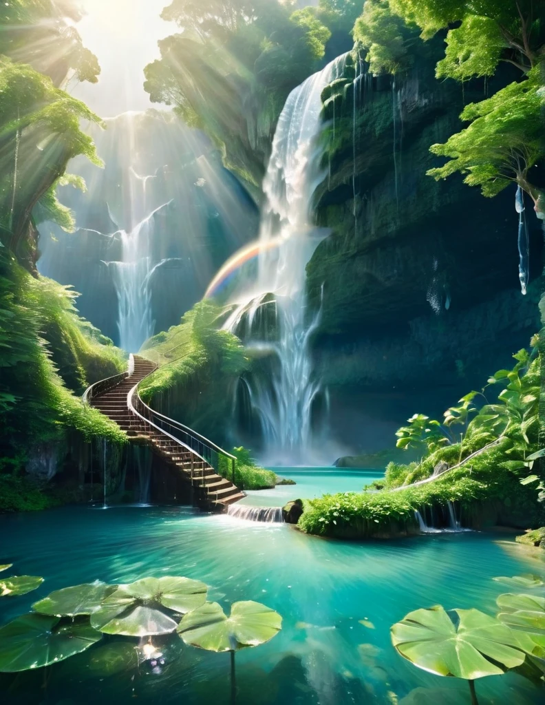 A stunning illustration of a towering waterfall cascading into a crystal-clear lagoon surrounded by lush foliage. An imaginative scene where multiple waterfalls converge in a mystical, hidden valley. Hill The waterfall falls as old unique staircase. Plunge. Crystal. Cosmological. Moon with sun. Little dark. Shining. Realistic. Splashing.