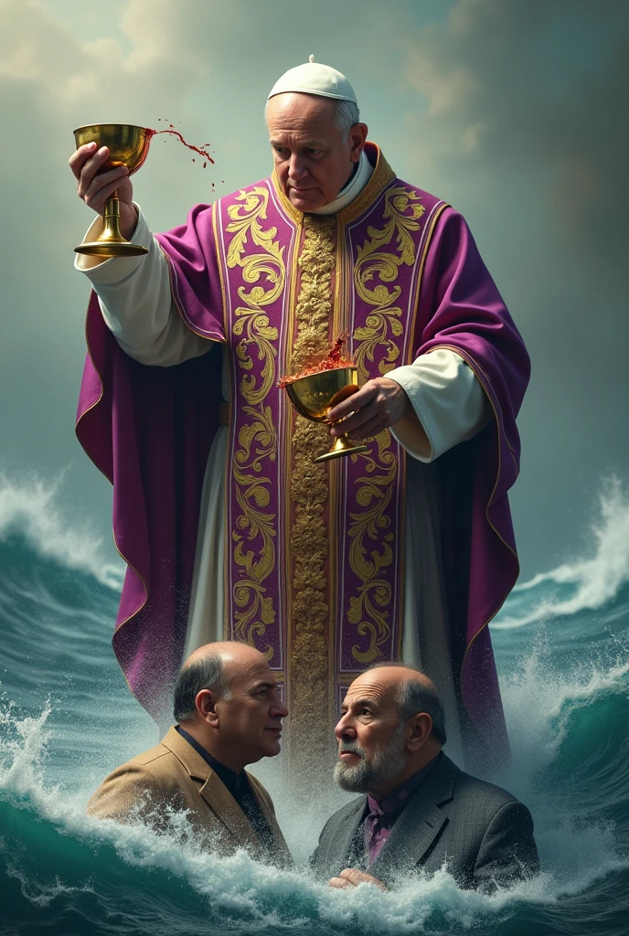 Pope Francis I dressed in purple and scarlet with a golden chalice pouring wine onto the ground. sitting on top of Nicolás Maduro and Lula, that he gets out of the sea.