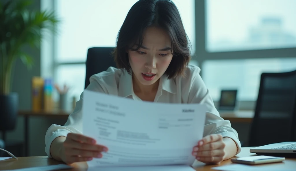 portrait of Korean beautiful woman, sitting in office, jumped up in panic and reached out to grab the documents, daylight, cool light, professional image, professional picture, high quality portrait, photo portrait, an epic non - binary model, professional portrait, photo still, color portrait, creative coder with a computer, cinematic lens , photography , her face is grimace, looking at documents, 