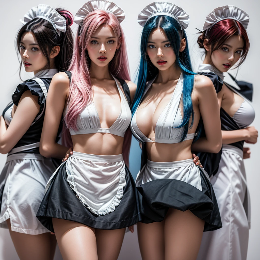 (Full Body of Extremely Detailed((Sexy Maid Group in a row:1.37))), KAWAII perfect face, Reflective Eyes, Detailed(Delicate Clothing textures), Correct Leg Line, Dynamic Joyful Expressions LifeLike Rendering, Specular Reflection, TopQuality 8K Ultra-detailed masterpiece (ProfessionalPhoto:1.37), (Acutance:0.8), (Luminism:1.28), Renaissance art style, Colorful Light particles, ((Full body from side)), {MicroMini Skirt|Kissing|Breast Lifting|Undressing|Thigh Gap|AssFocus|(NakedApron with Overflowing SideBoob)}, Radiant Fine Skin with Transparency, (Exposed:0.41), (Different types of Anime hair color){Pink Hair|Blue Hair|Platinum Blonde|Pure White Hair|Liquid Hair}, Perfect Lighting 
